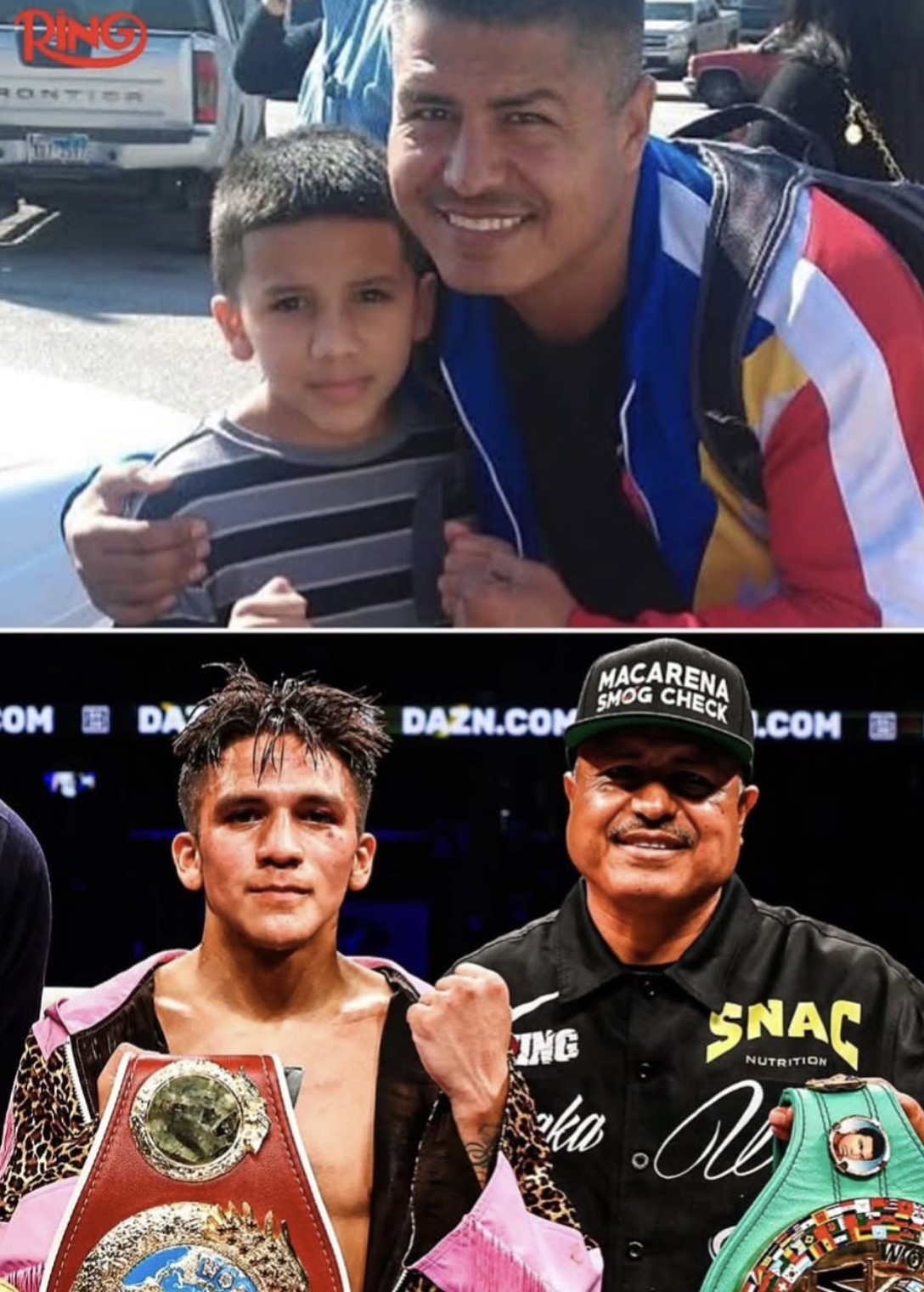 Robert Garcia with young RGBA fighter and a champion holding title belts