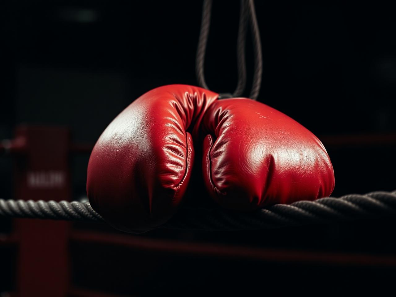Red boxing gloves on the ring ropes